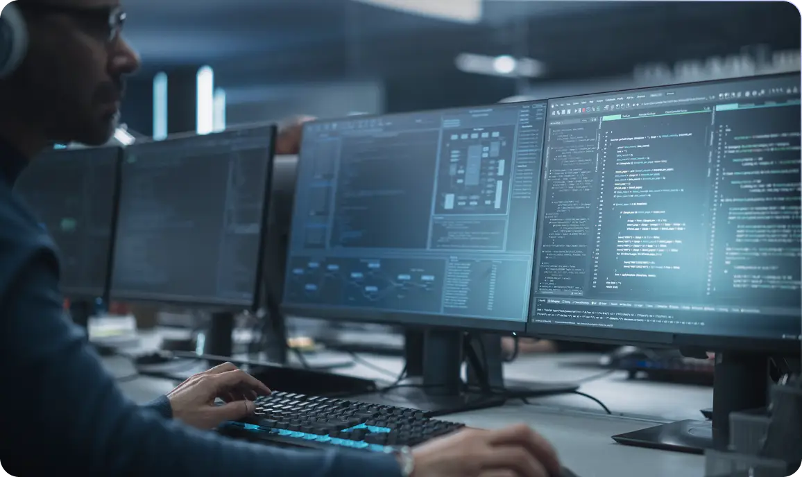 <p>Person working at a desk with multiple computer monitors displaying code, dashboards, and development tools, typing on a keyboard in a modern, dimly lit office environment, suggesting software development or IT operations.</p>