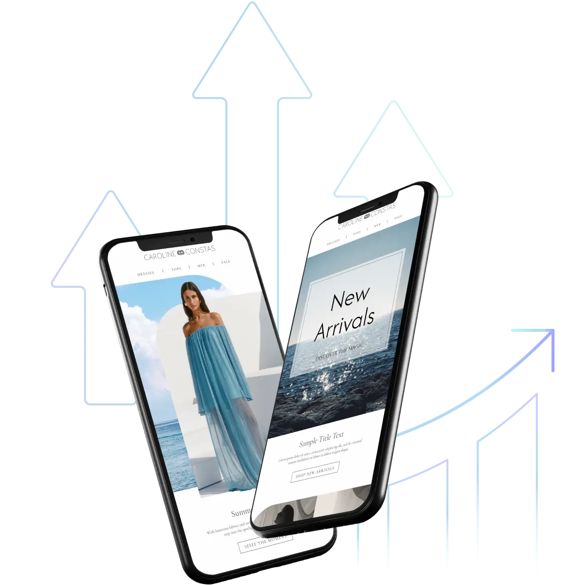 Two smartphones displaying a fashion website with a “New Arrivals” banner and a model in a blue dress, positioned in front of upward-pointing arrows symbolizing growth or increased performance.