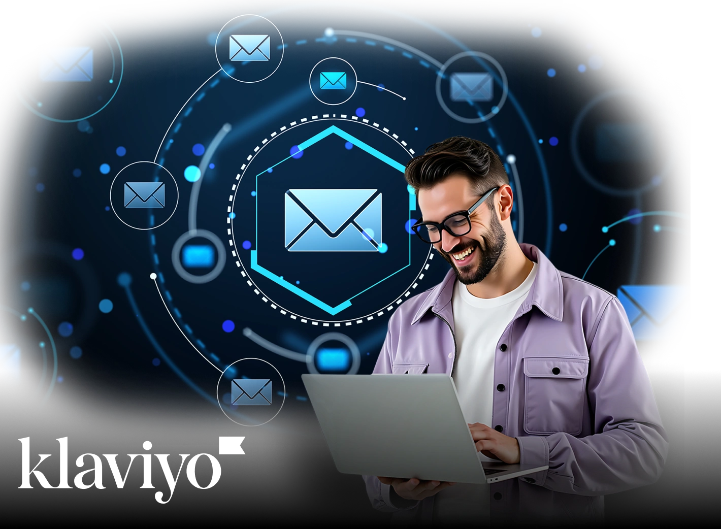 Smiling man wearing glasses and a lavender jacket using a laptop, surrounded by digital envelope icons representing email, with the Klaviyo logo in the lower left corner on a dark blue futuristic background.