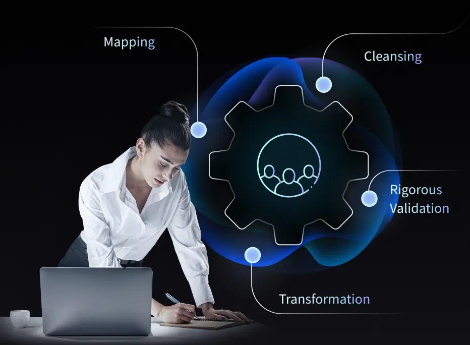 A woman in a white shirt leans over a desk while working on a laptop and writing in a notebook. Behind her is a glowing graphic of a gear surrounded by abstract blue shapes, with labeled points reading “Mapping,” “Cleansing,” “Rigorous Validation,” and “Transformation.