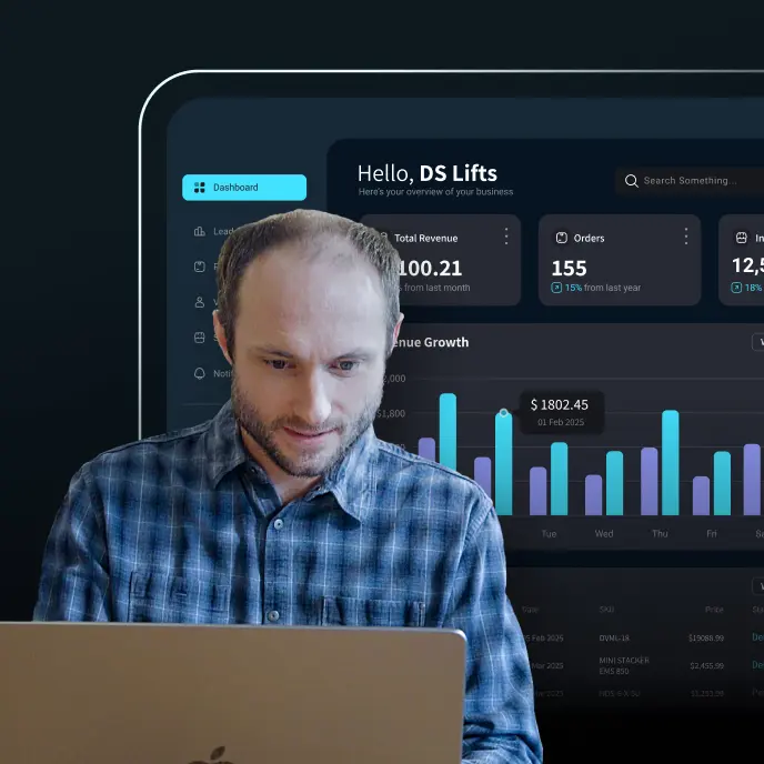 A man wearing a blue plaid shirt works on a laptop in front of a large digital dashboard interface. The screen behind him shows business analytics, including revenue figures, order statistics, and a bar graph labeled “Revenue Growth.