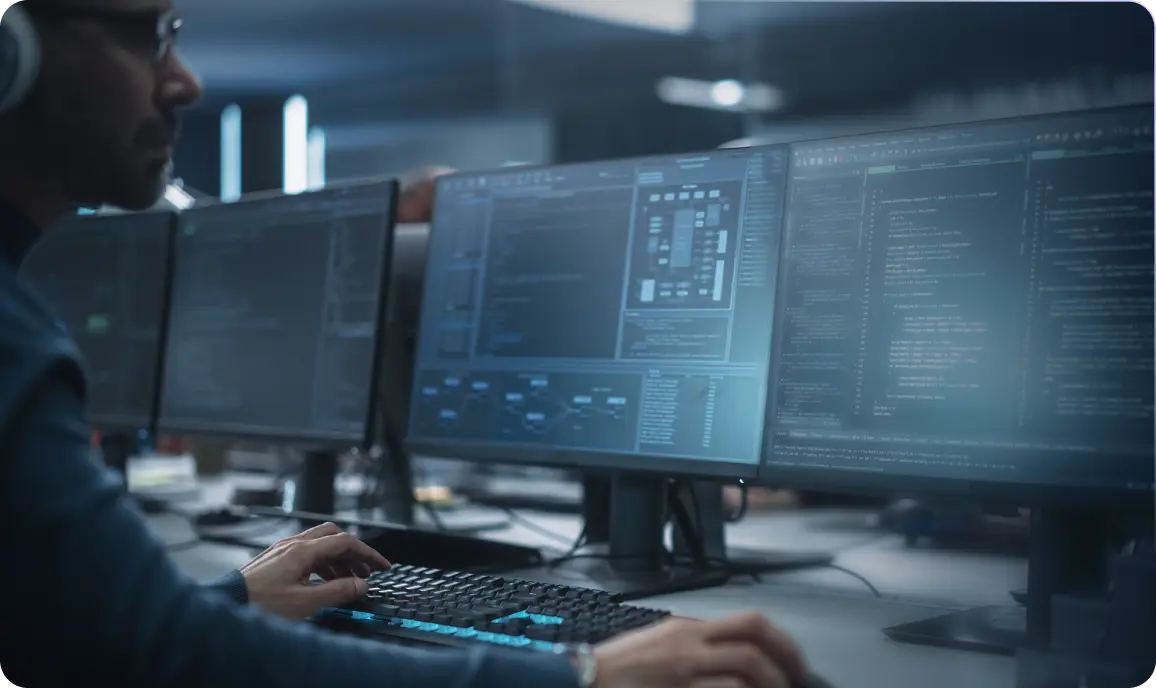 <p>A person working at a computer desk with multiple monitors displaying code and technical diagrams. The individual is typing on a keyboard in a dimly lit office environment, suggesting programming, cybersecurity, or software development work.</p>