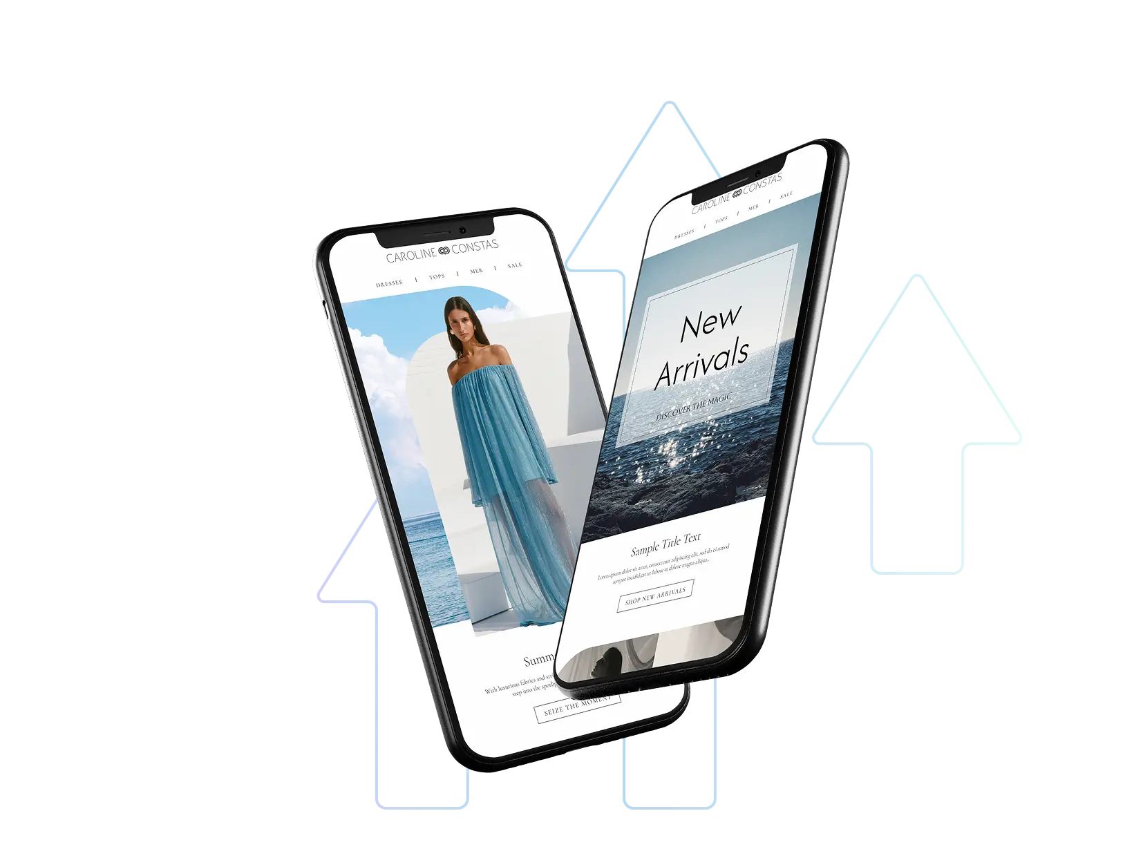 Two smartphones displaying a fashion e-commerce website featuring a model in a blue dress and a “New Arrivals” promotion, with a dark abstract gear and blue orb background.