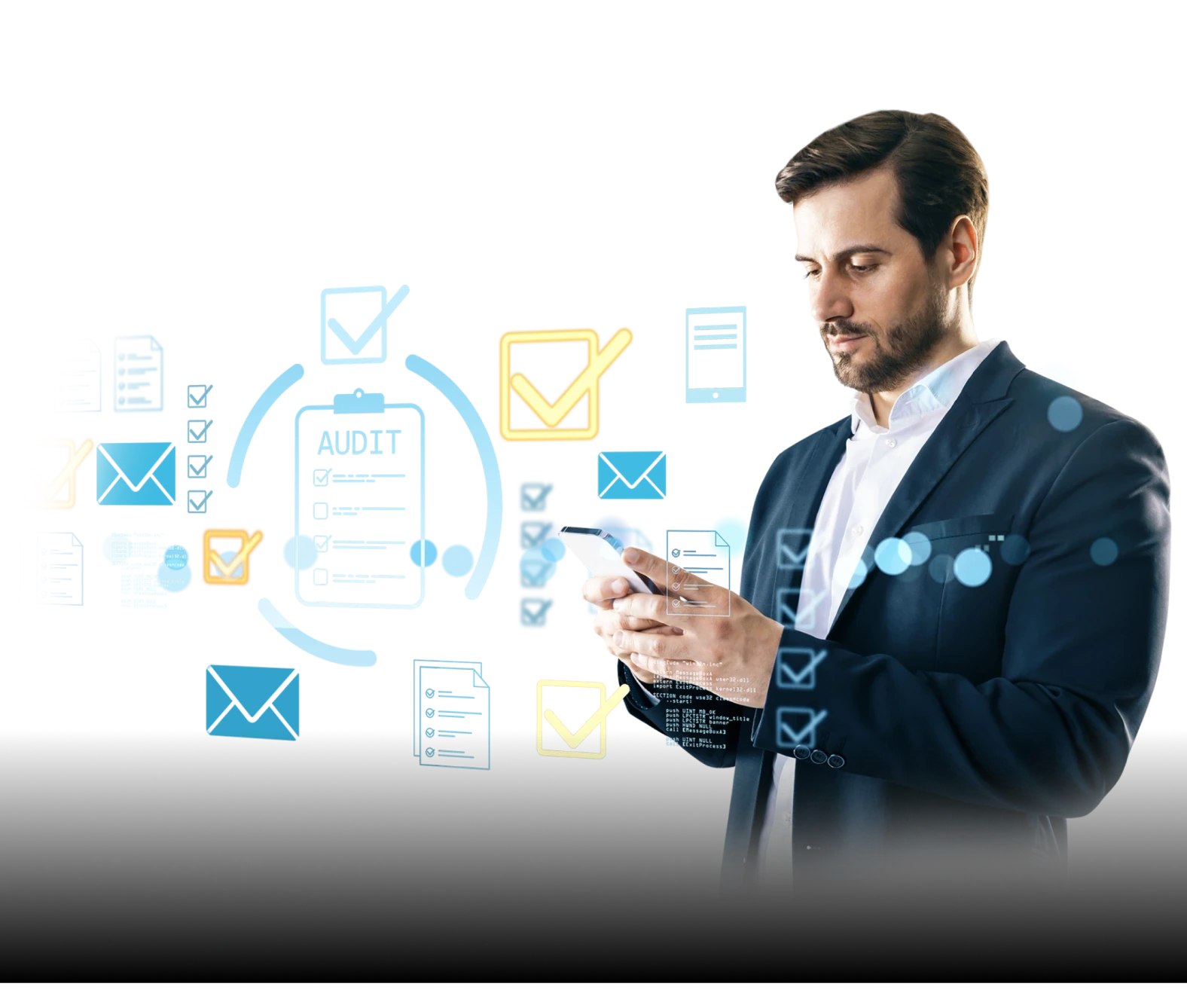 A well-dressed man in a navy blazer looks down at his smartphone, focused. Behind him is a digital overlay of email icons, documents, mobile devices, and yellow checkmarks surrounding a large clipboard labeled “AUDIT,” representing a digital audit or compliance review process in a modern, tech-driven environment.
