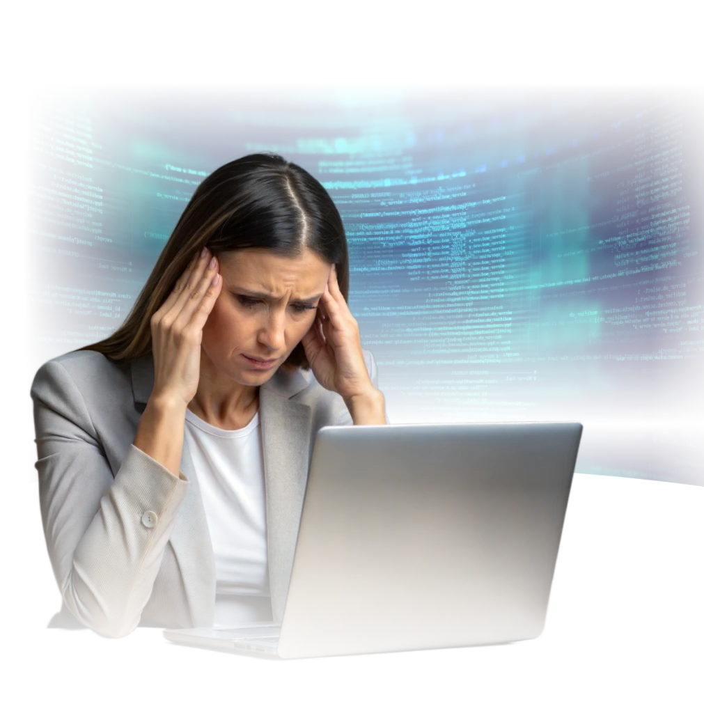 A woman in a gray blazer sits at a laptop, holding her head in frustration or stress. Her expression shows concern as she looks at the screen. Behind her, glowing blue lines of code create a digital background, suggesting technical issues, data overload, or problems related to email or system audits.