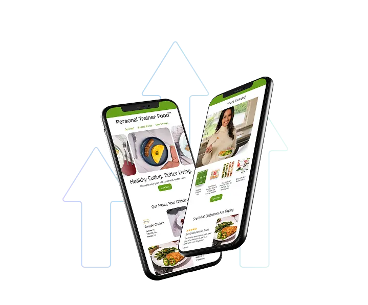 Two smartphones display a health-focused e-commerce email from Personal Trainer Food, featuring images of nutritious meals and a woman promoting a fitness lifestyle. Bold headers like “Healthy Eating, Better Living” are visible. Pixelated upward-pointing arrows in the background symbolize increasing performance or conversion growth in mobile email marketing.