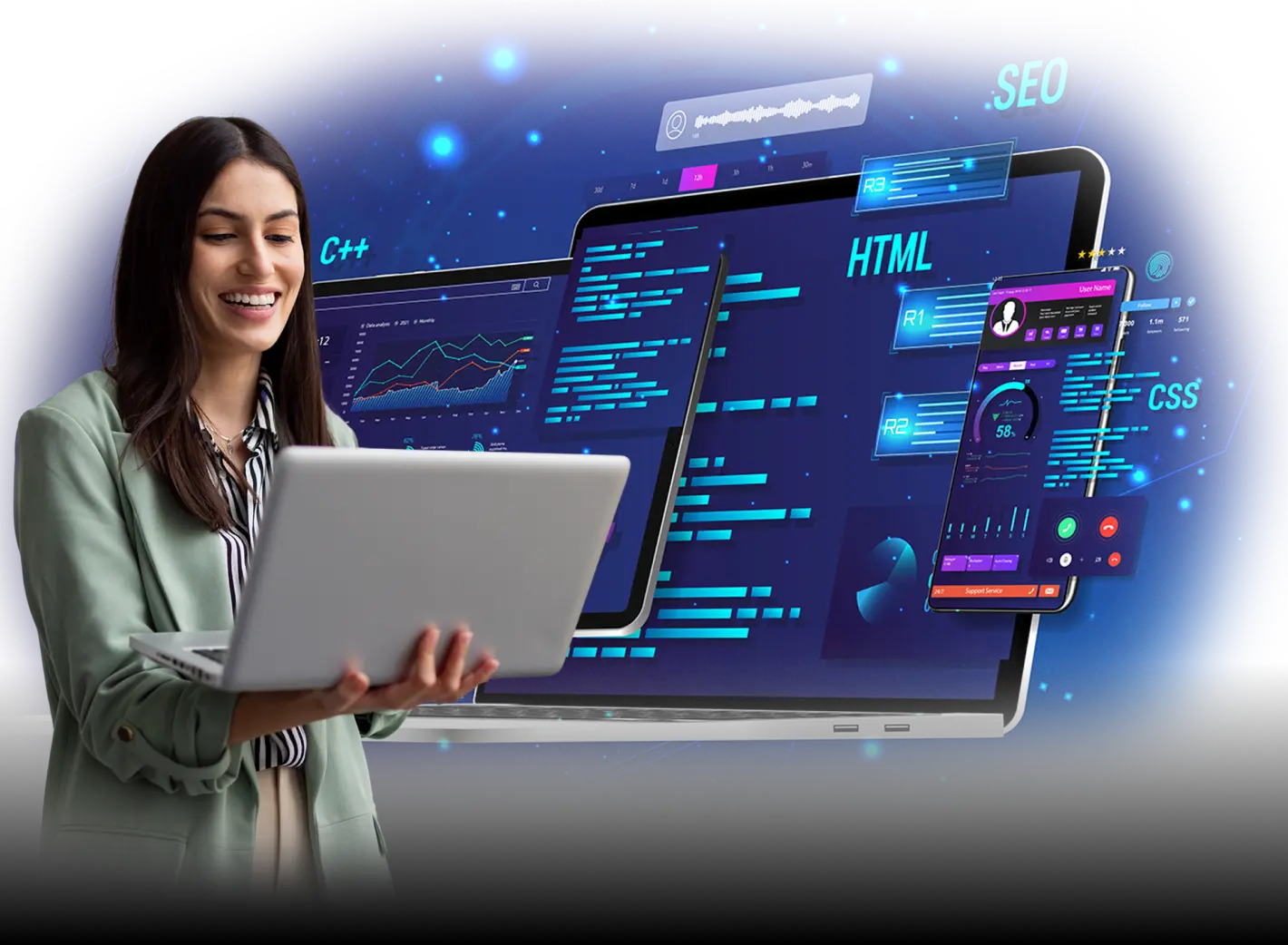 A smiling woman in a green blazer holds a laptop while standing in front of large floating screens displaying code, charts, and user interface elements. Keywords like “HTML,” “SEO,” “CSS,” and “C++” appear digitally in the background, suggesting a tech-savvy environment focused on web development, data analytics, or digital marketing.