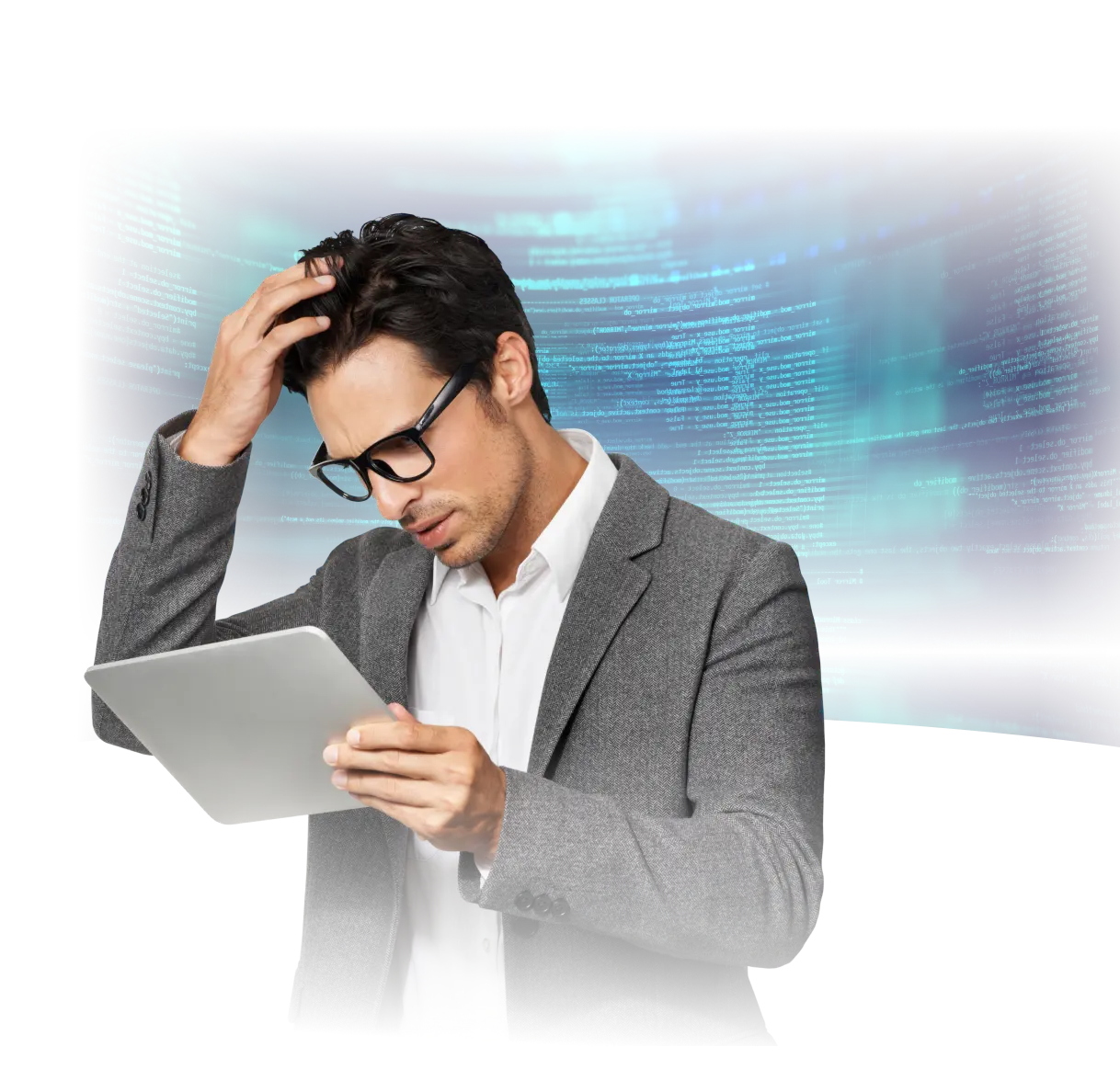 A man in glasses and a gray blazer looks confused as he reads from a tablet, scratching his head in frustration. Behind him, glowing blue lines of code scroll across a digital background, representing technical issues, coding challenges, or troubleshooting in a high-tech environment.