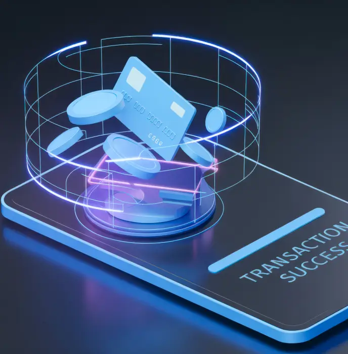 A 3D digital illustration of a futuristic mobile payment interface showing floating holographic elements, including a credit card and coins, inside a glowing circular frame displayed above a smartphone screen with the words “Transaction Success.