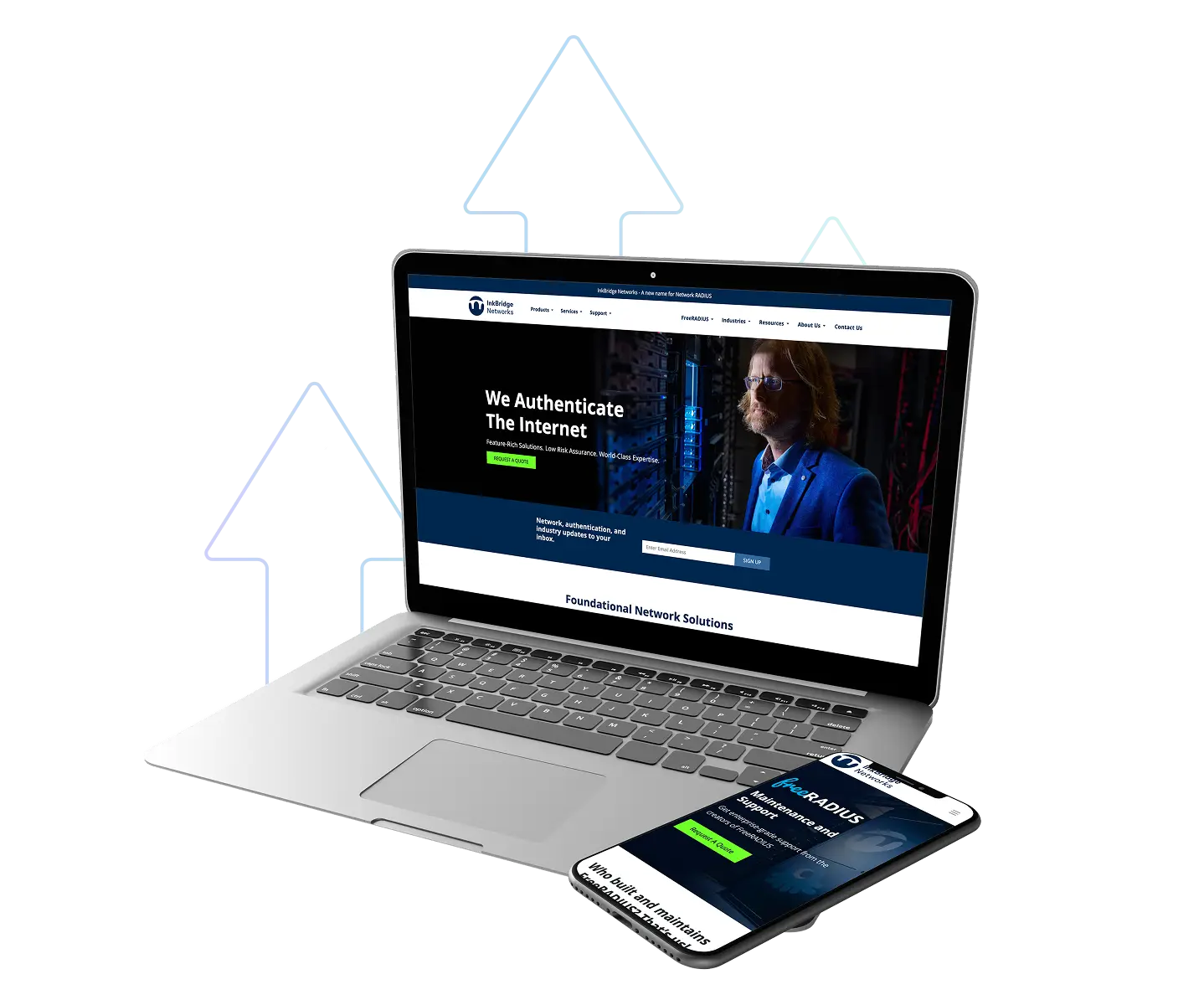 A laptop and smartphone display the website for “Ohio Rope,” showing rope products and categories. The background features stylized upward-pointing arrows, suggesting growth or performance improvement.
