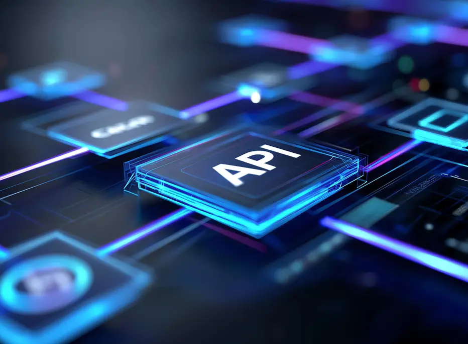 A close-up 3D-rendered illustration of a glowing “API” chip connected to a futuristic digital circuit board with neon blue and purple lines representing data connections.