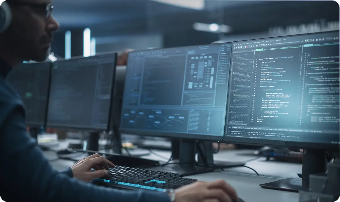 <p>A person working at a desk in a dimly lit office, typing on a keyboard while looking at multiple large monitors displaying software code, system diagrams, and technical interfaces.</p>