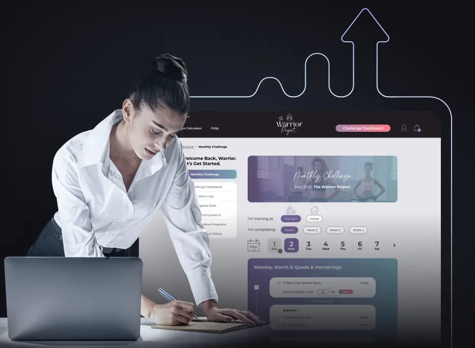A woman in a white shirt leans over a desk writing in a notebook beside an open laptop, while a large digital interface from “The Warrior Project” fitness platform appears behind her. A glowing upward-pointing arrow outline frames the background, symbolizing growth or progress.