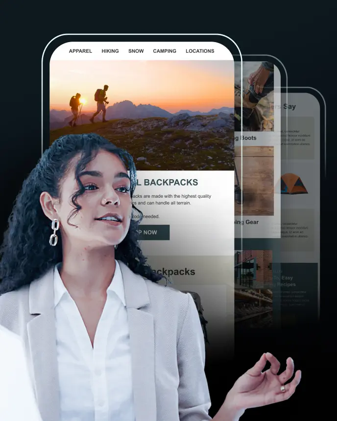 <p>A woman in a white blazer speaks while gesturing with her hand. Behind her, multiple overlapping screens display an outdoor-themed website with images of hikers, mountains, and product categories like apparel, hiking, snow, and camping.</p>