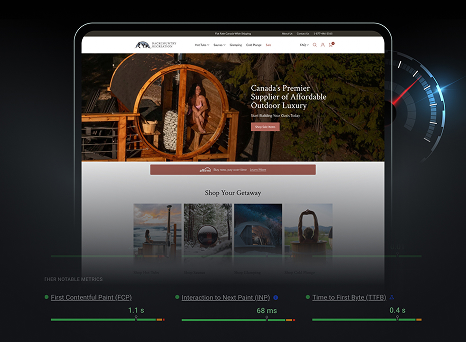 A tablet displays a luxury outdoor website with a hero image of a woman inside a wooden outdoor pod. The page reads “Canada’s Premier Supplier of Affordable Outdoor Luxury.” Performance metrics such as First Contentful Paint and Time to First Byte are shown beneath the screen, indicating high website speed. A speedometer graphic is partially visible in the background, reinforcing the theme of fast performance.