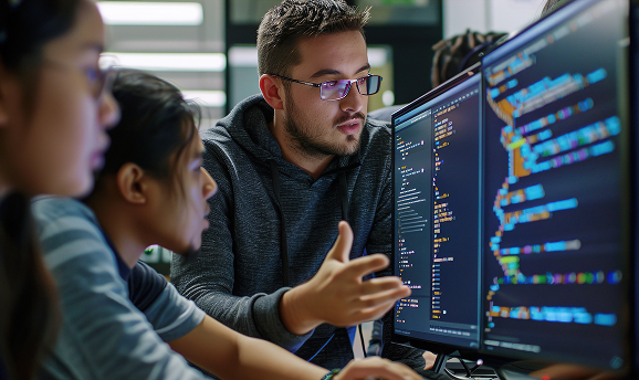 <p>A team of software developers is collaborating in a modern office environment. A man in glasses, wearing a dark hoodie, is explaining something on a dual-monitor setup displaying lines of colorful code. Two women sit beside him, focused on the screens, with one of them typing. The atmosphere suggests a collaborative coding or debugging session.</p>