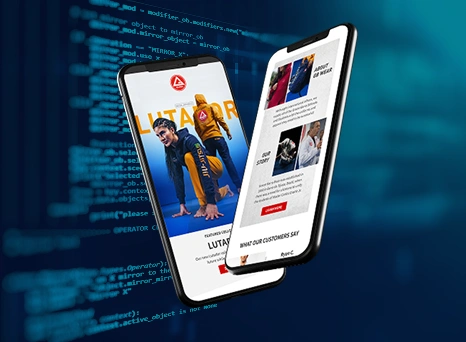 Two smartphones displaying ecommerce email marketing designs, one showing a jiu-jitsu brand and the other a product-focused newsletter, set against a blue background with floating lines of code.