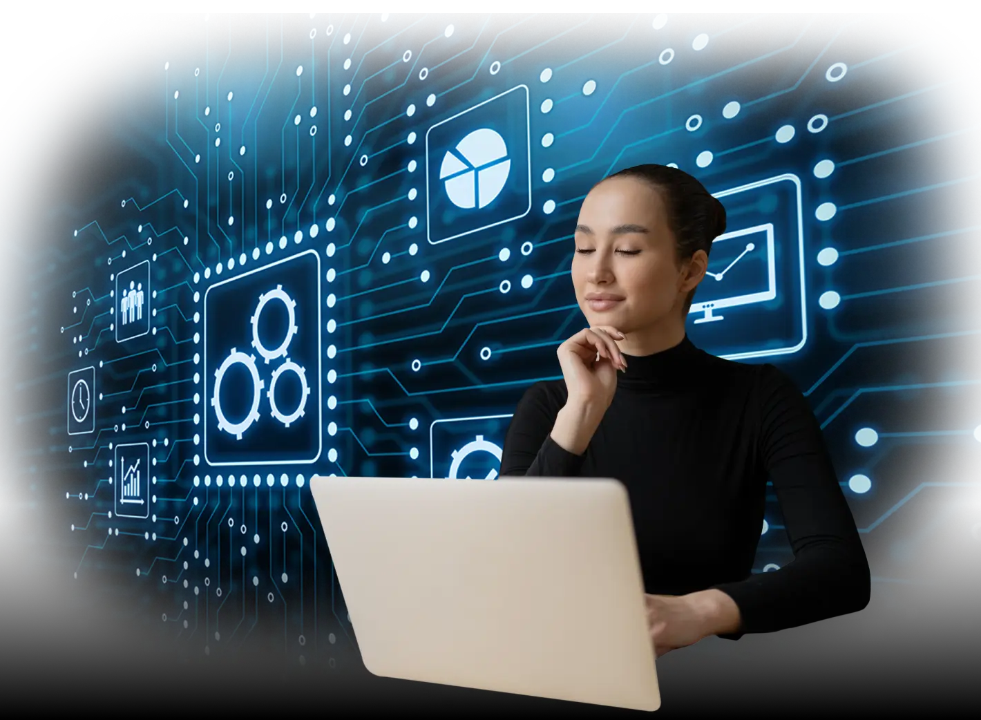 Smiling woman using a laptop sits calmly in front of a futuristic, circuit-board-style digital interface featuring icons representing analytics, gears, user data, and charts — symbolizing automation, integration, or advanced software solutions.