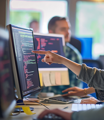 <p>A man in a gray sweater leans on a desk with a frustrated expression, looking at a laptop screen, while lines of computer code glow on a digital blue background behind him.</p>