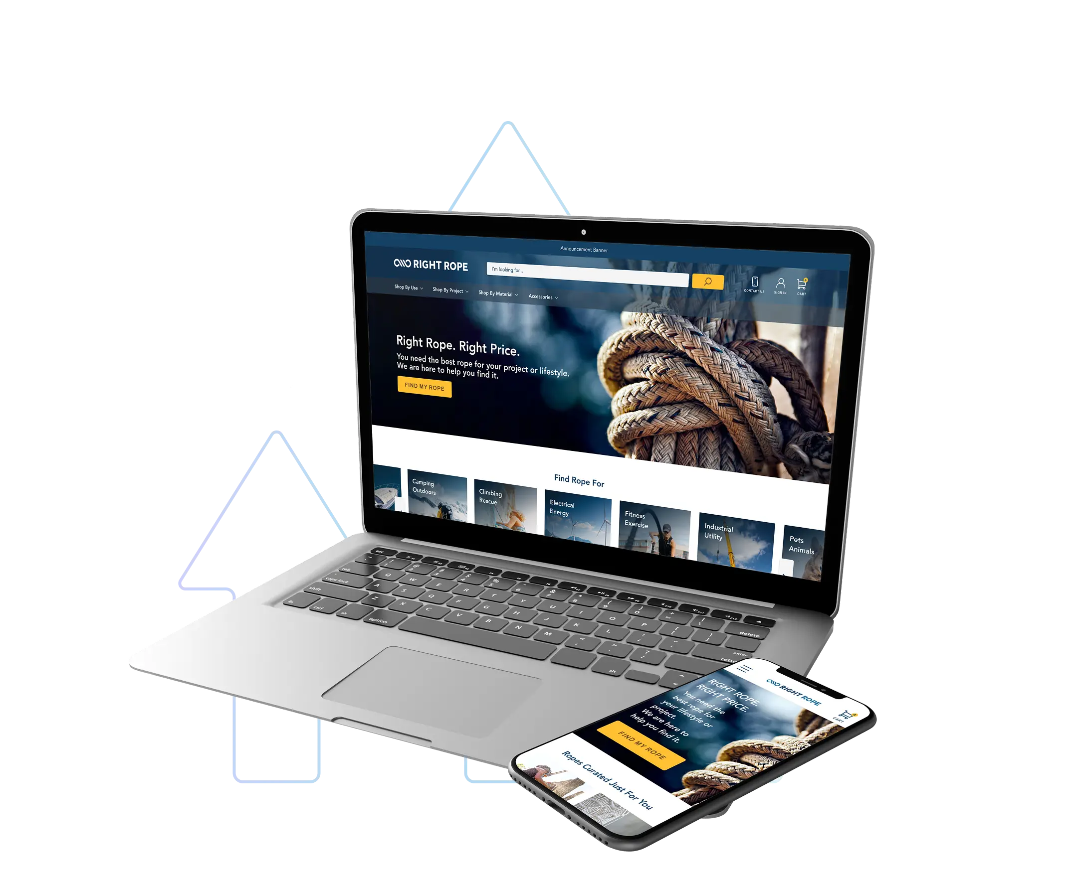 A laptop and smartphone display the website for “Ohio Rope,” showing rope products and categories. The background features stylized upward-pointing arrows, suggesting growth or performance improvement.