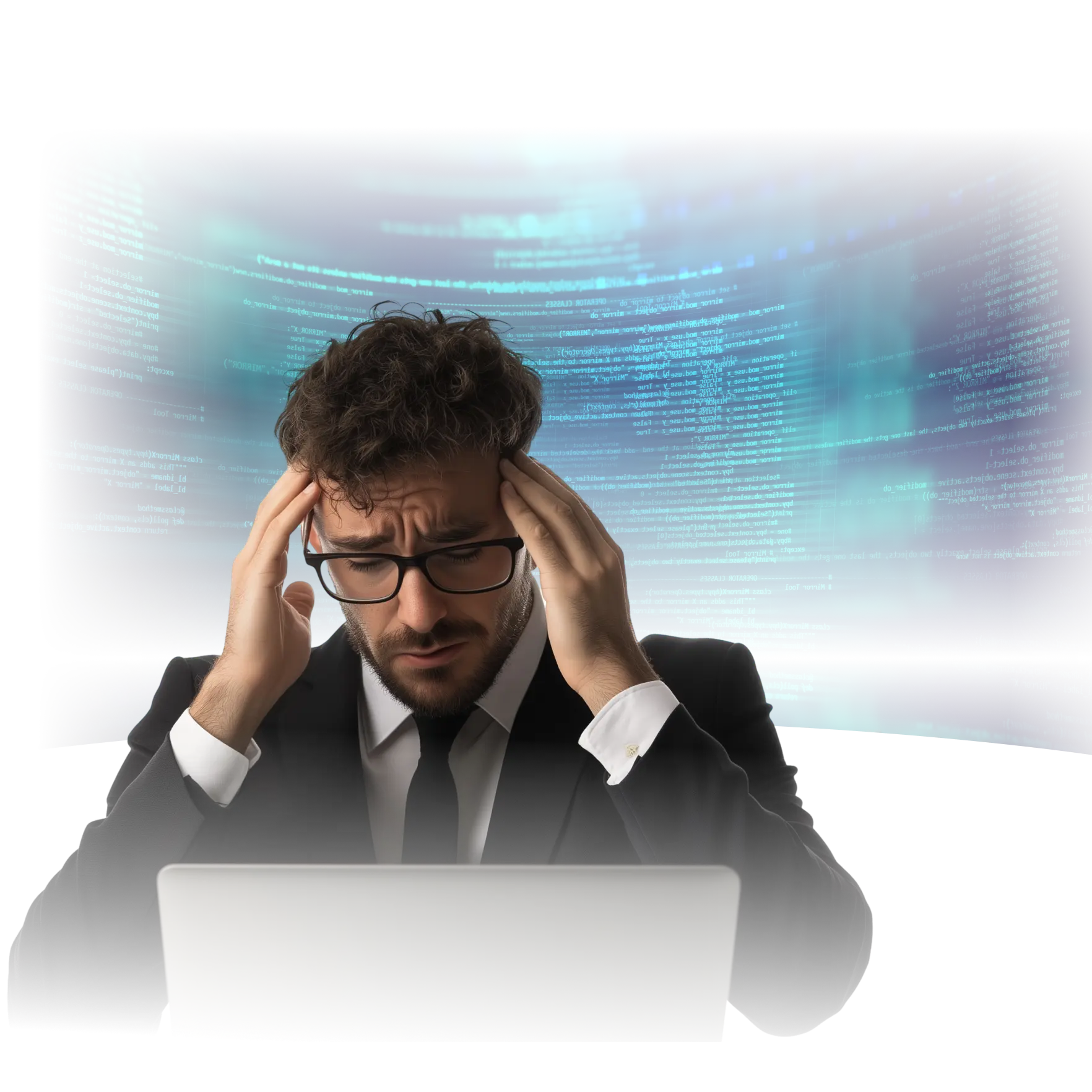 A stressed man in a suit and glasses holds his head in frustration while staring at a laptop. Behind him, a digital background with blue scrolling code and a large faded browser window reflects technical difficulty, email service provider (ESP) errors, or data overload in a high-stakes work environment.