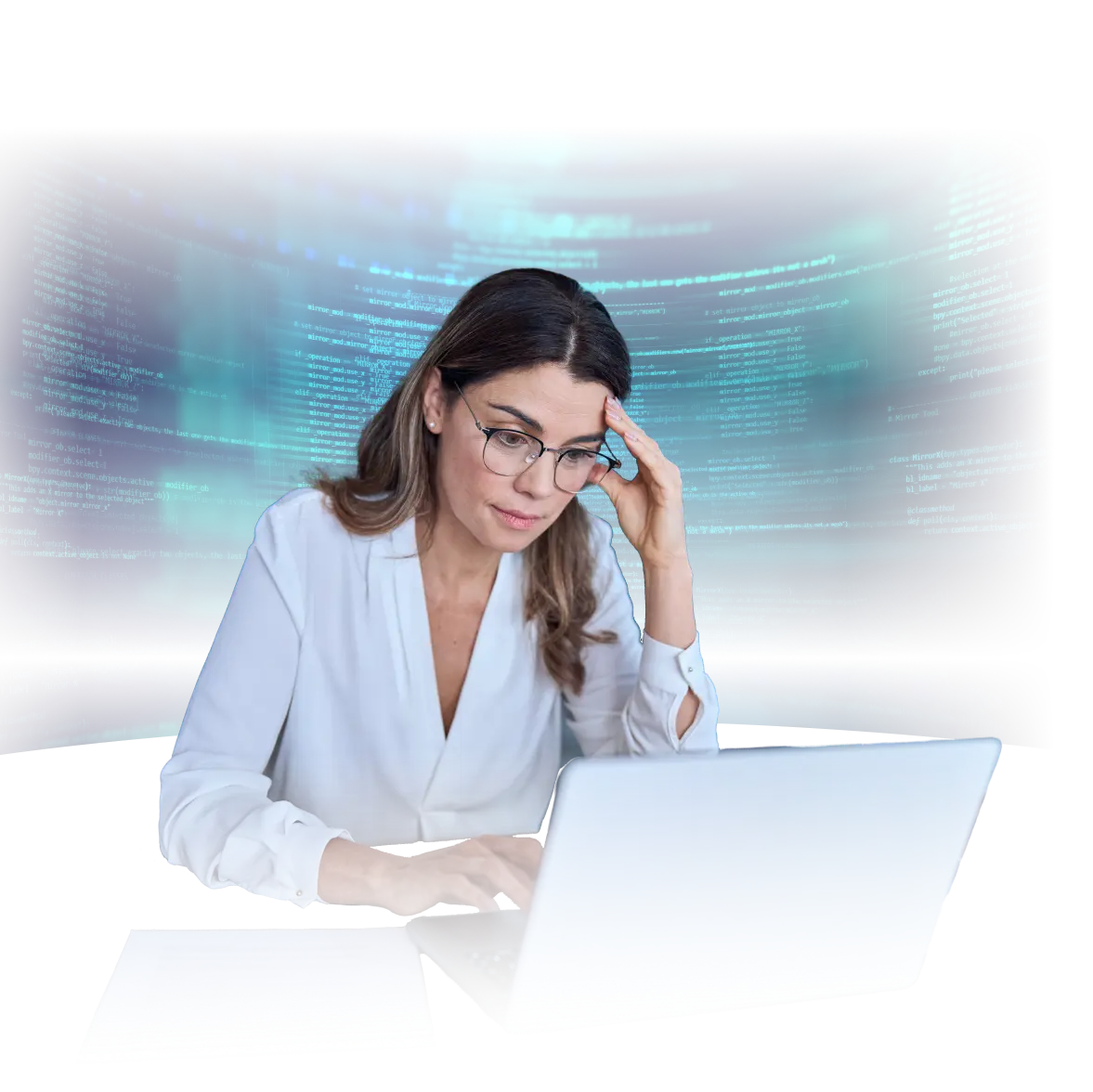 A woman wearing glasses and a white blouse sits at a laptop, looking focused and slightly stressed with her hand on her temple. Behind her is a digital backdrop filled with blue, glowing lines of code. Papers lie on the desk beside her.