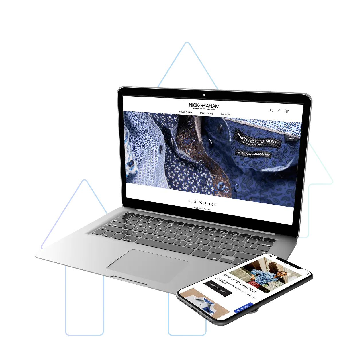 A laptop and smartphone displaying an online clothing store webpage with patterned blue shirts shown on the laptop screen and a product listing visible on the phone, arranged on a white background.