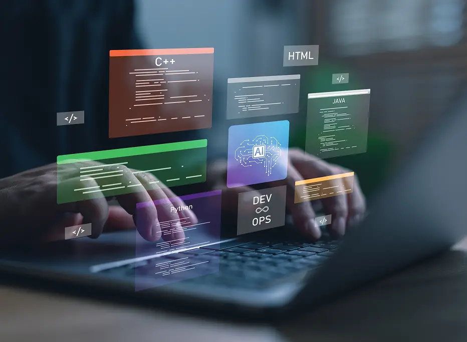Hands typing on a laptop keyboard with floating translucent panels displaying various programming languages and technologies, including C++, HTML, Java, Python, and DevOps, along with an AI icon in the center.