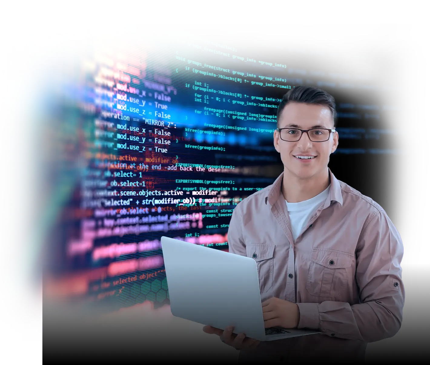 A person wearing glasses and a light-colored shirt holds an open laptop while smiling, standing in front of a colorful, glowing background filled with lines of computer code.