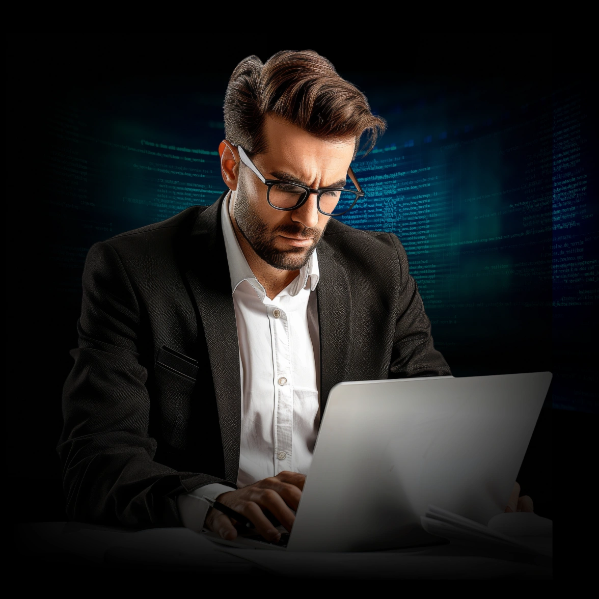 A serious-looking businessman in a black suit and glasses works intently on a laptop, with glowing lines of code projected in the dark background, suggesting data analysis or digital problem-solving.