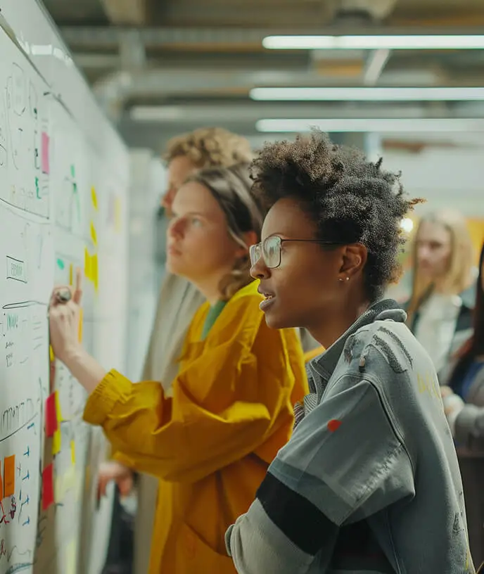 <div tabindex="-1">
<div>
<div dir="auto" data-message-author-role="assistant" data-message-id="9416ae9b-da72-4a0e-b6a0-45b67d5f7193" data-message-model-slug="gpt-4o">&nbsp;</div>
</div>
<div>
<div>
<div tabindex="-1">
<div>
<div dir="auto" data-message-author-role="assistant" data-message-id="5ed11628-4c11-47de-88a1-081d2de98796" data-message-model-slug="gpt-4o">
<div>
<div>
<p data-start="0" data-end="164" data-is-last-node="" data-is-only-node="">Two women and one man collaborate at a whiteboard covered in diagrams, sketches, and colorful sticky notes in a brightly lit, modern office setting.</p>
</div>
</div>
</div>
</div>
<div>&nbsp;</div>
</div>
</div>
</div>
</div>