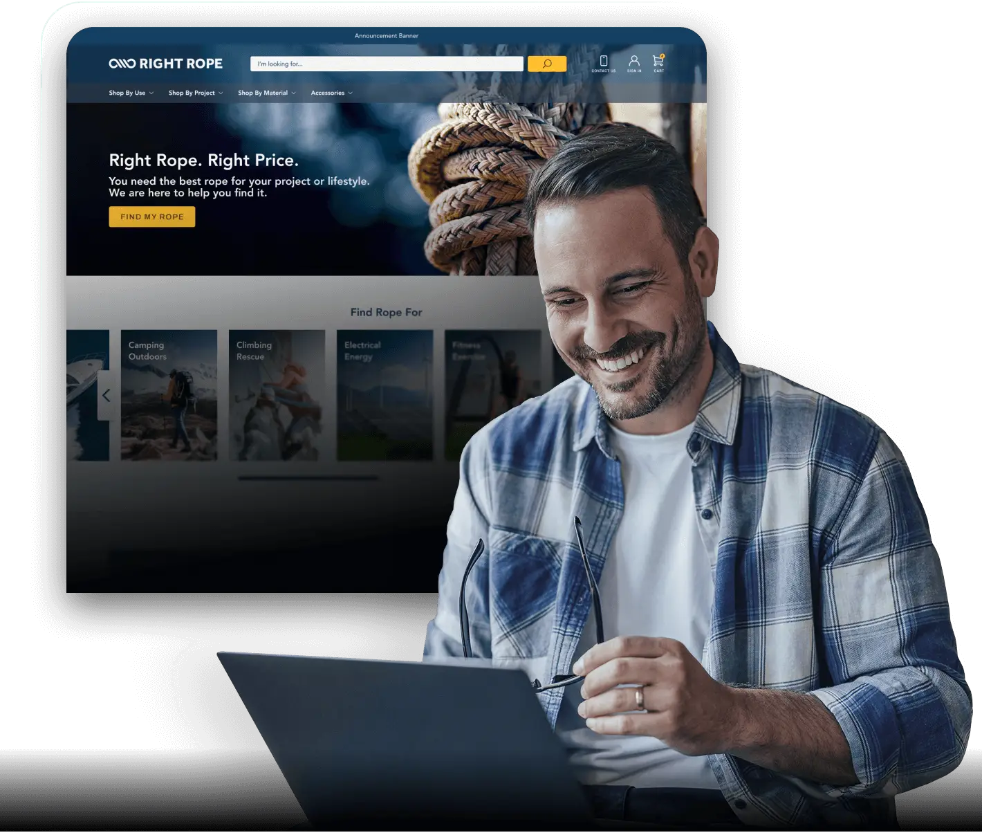 Smiling man in a plaid shirt working on a laptop in front of a tablet screen displaying the Right Rope ecommerce website, featuring a banner with coiled rope and product categories.