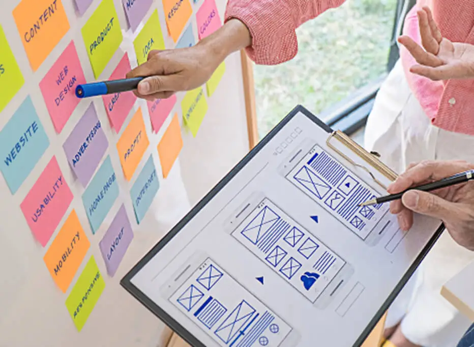 Two people collaborating at a whiteboard filled with colorful sticky notes labeled with project terms like "CONTENT", "PRODUCT", "USABILITY", and "LAYOUT", while one person holds a clipboard showing wireframes of mobile app screens.