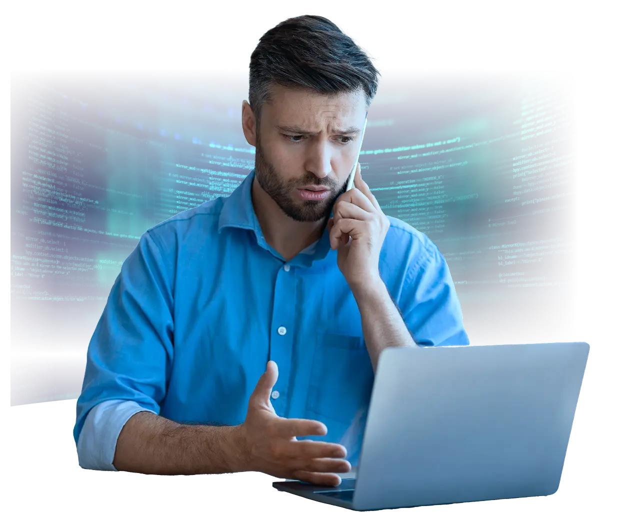 A man in a blue shirt sits in front of a laptop, looking concerned while holding his phone to his ear, with lines of glowing computer code displayed in the background.