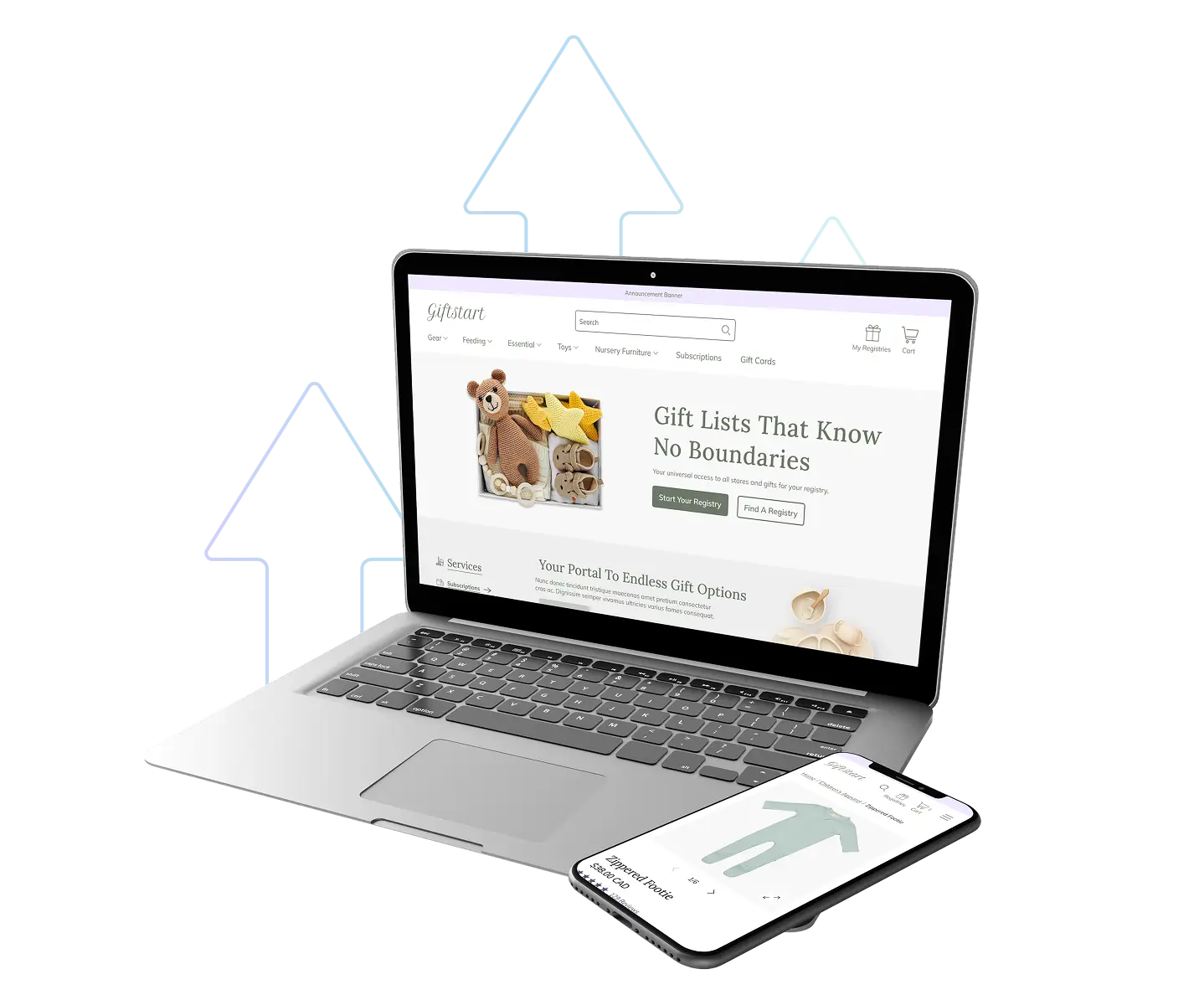 A laptop displaying an online gift registry website sits next to a smartphone showing a product page, with upward-pointing arrows in the background suggesting growth or progress.