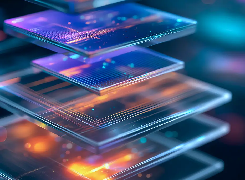 Stacked translucent digital panels floating in 3D space, each layer glowing with vibrant blue, purple, and orange circuit-like patterns, creating a futuristic technology and data-processing aesthetic.