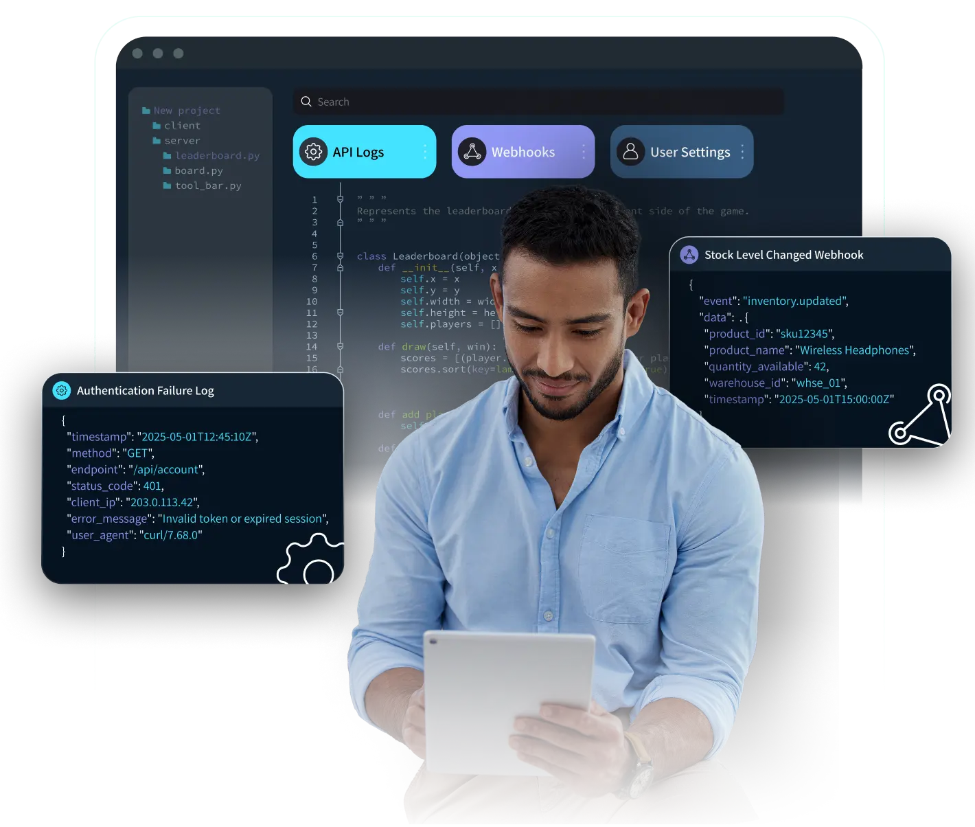 A man sitting and using a tablet while surrounded by a digital interface displaying API logs, webhook notifications, and user settings. The background shows a dark-themed code editor, with pop-up panels highlighting an authentication failure log and a stock-level change webhook event.