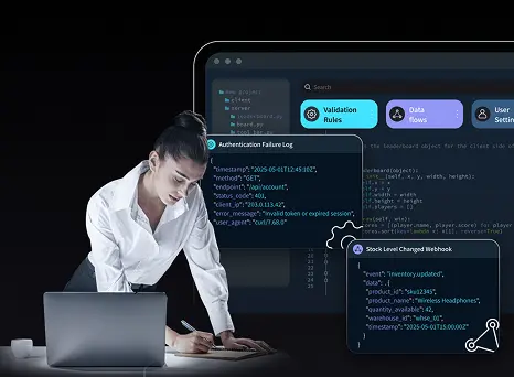 A woman in a white blouse leans over a desk while working on a laptop, with floating UI panels beside her displaying authentication failure logs, validation rules, and a stock level webhook over a dark background.