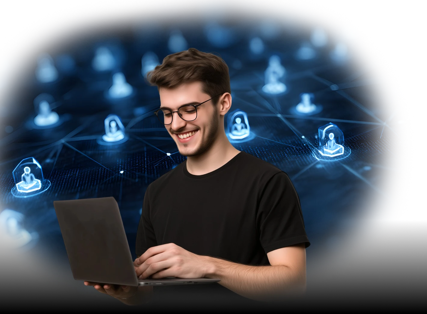 A smiling young man in glasses and a black t-shirt types on a laptop. Behind him is a glowing blue digital network of connected user icons, representing a virtual community or social network, symbolizing connectivity, communication, and digital engagement.