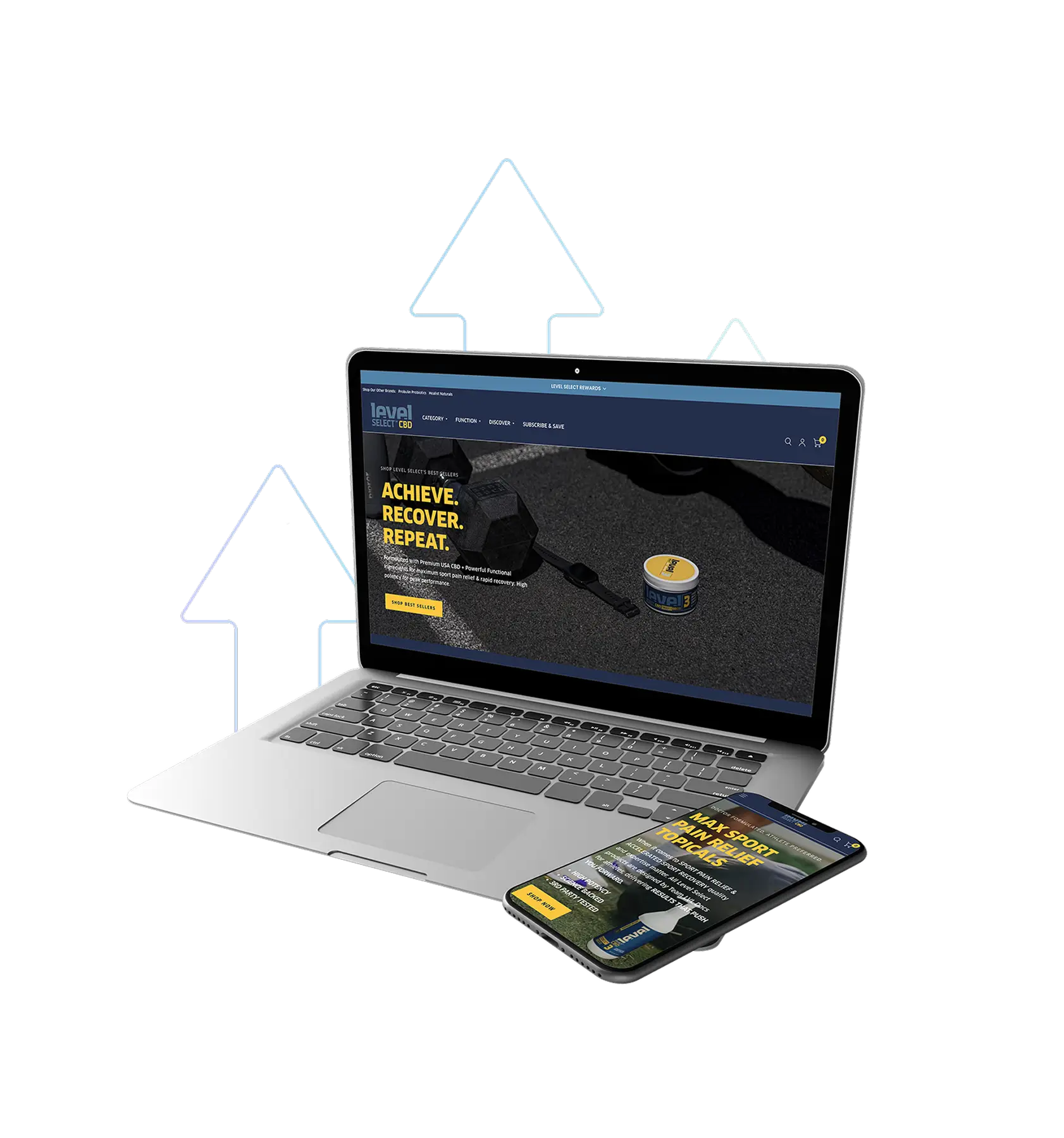A laptop displaying an e-commerce website with a smartphone showing the mobile version in front, with upward arrows in the background suggesting growth or increased performance.