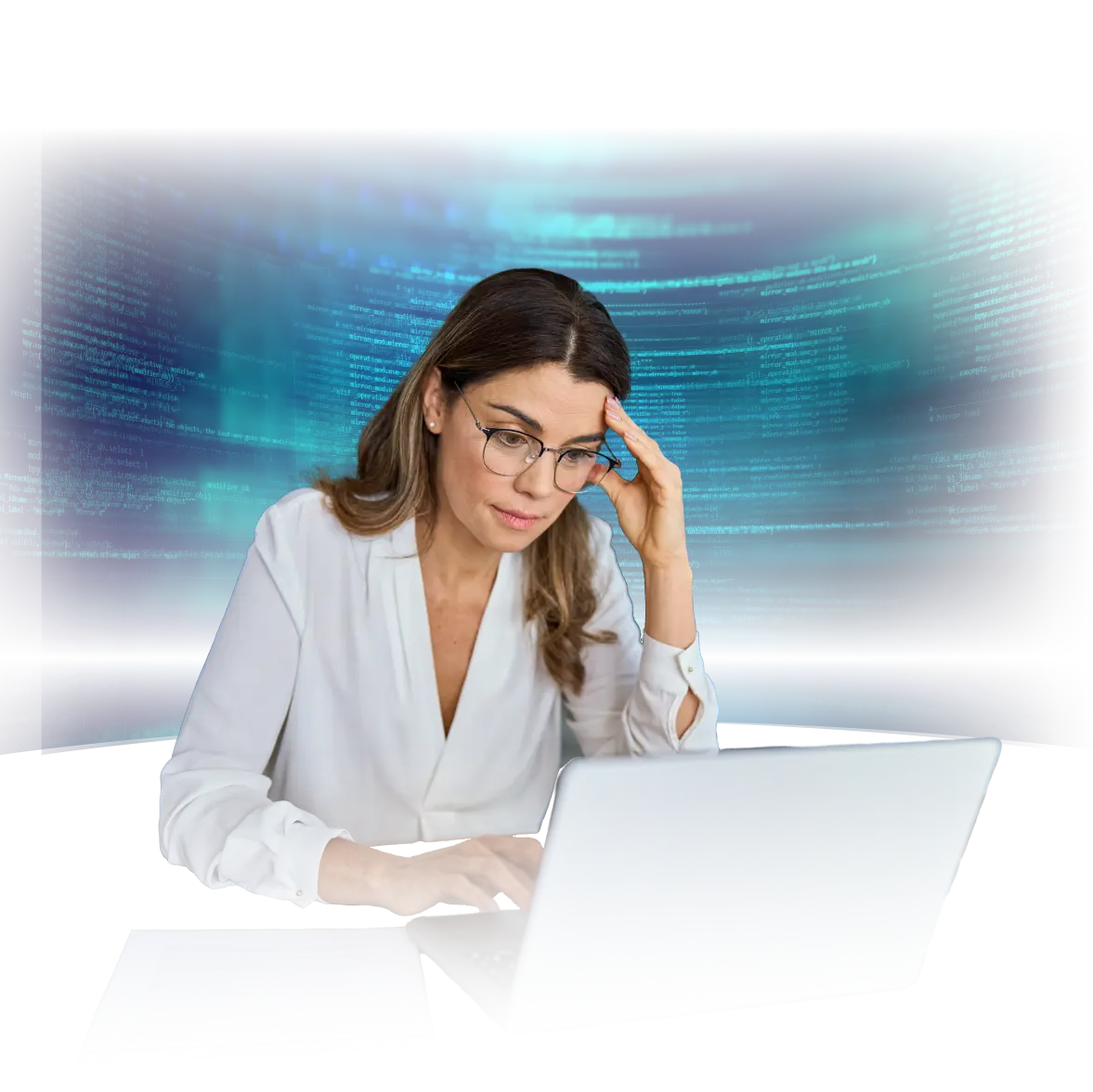 A focused woman wearing glasses works on a laptop, resting one hand on her forehead, with lines of computer code displayed in a blue, digital-style background, suggesting data analysis or software development.