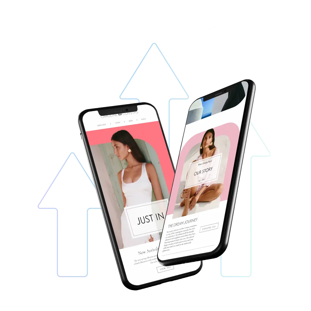 Two smartphones display a fashion e-commerce website with images of a female model and sections labeled “Just In” and “Our Story,” positioned in front of large upward-pointing arrows that suggest growth, uploads, or increased performance.