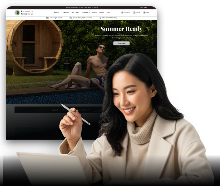 Smiling woman working on a tablet with stylus in hand, while a website promoting outdoor saunas and hot tubs is displayed behind her, featuring a man lounging poolside under the headline “Summer Ready.”