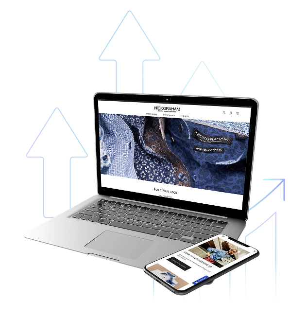 A laptop and smartphone display a fashion ecommerce website for “Nick Graham.” The background features upward-pointing arrow graphics, symbolizing growth or success. The laptop shows a homepage banner with patterned shirts, while the phone displays a product page. The visual emphasizes modern, mobile-responsive ecommerce design with performance metrics implied.