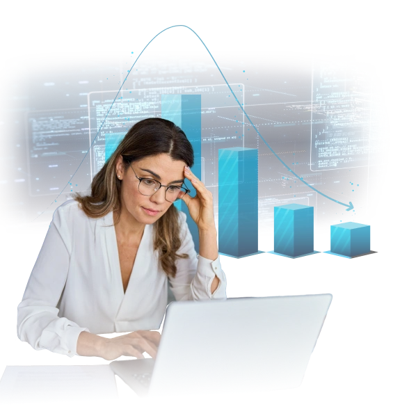 A concerned woman in a white blouse working on a laptop, surrounded by digital charts and floating data visualizations, indicating declining performance or analytics issues.