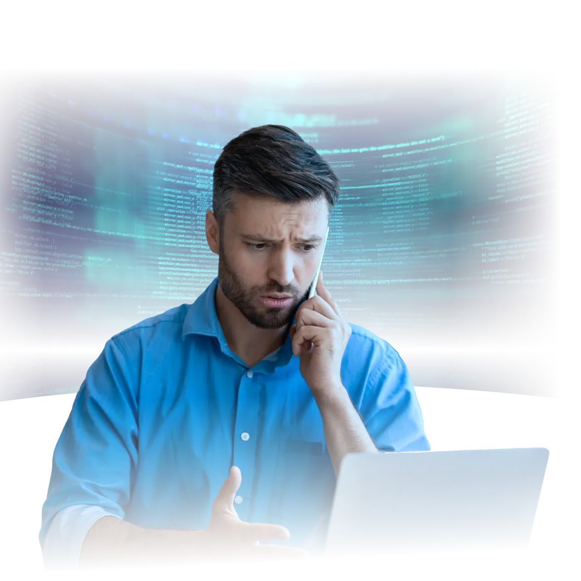 Concerned man in a blue shirt talking on the phone while looking at his laptop, with lines of computer code in the background suggesting technical or data issues.