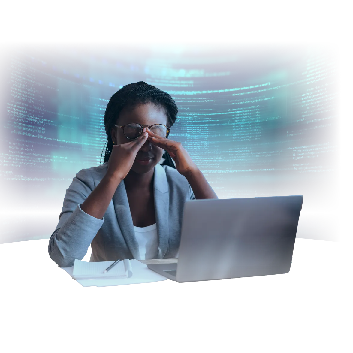 Frustrated woman sitting at a laptop with hands on her face, surrounded by digital code, representing challenges in web development or e-commerce setup.