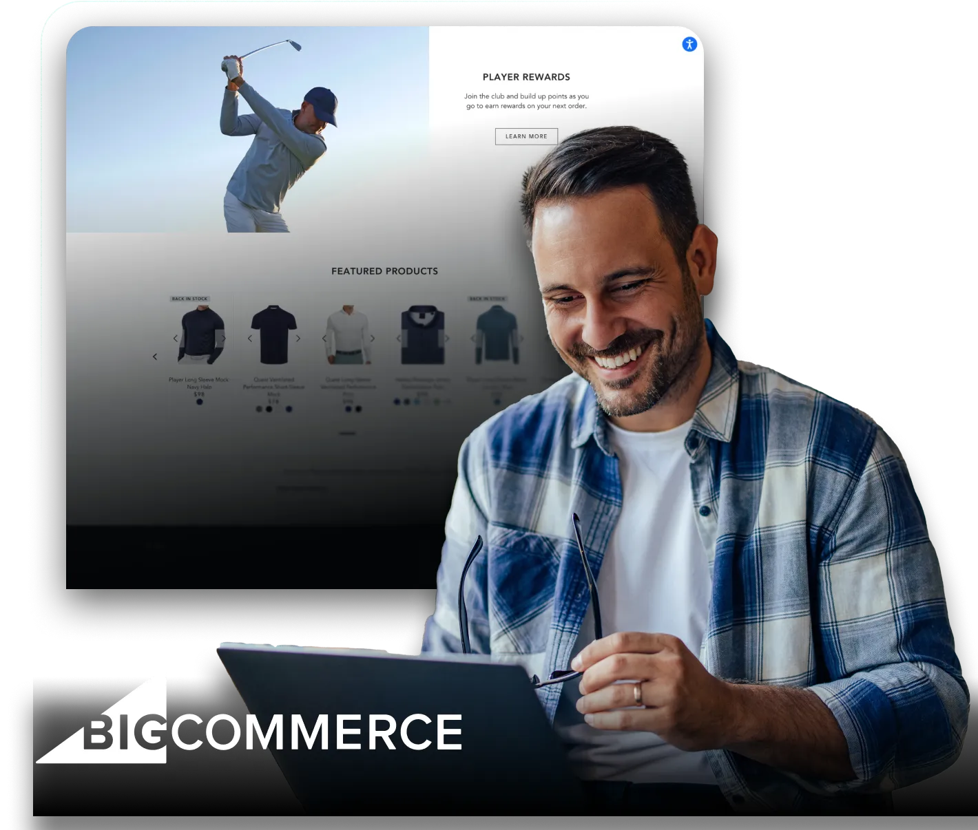 Smiling man using a laptop in front of a BigCommerce online store displaying golf apparel products and a rewards program banner.