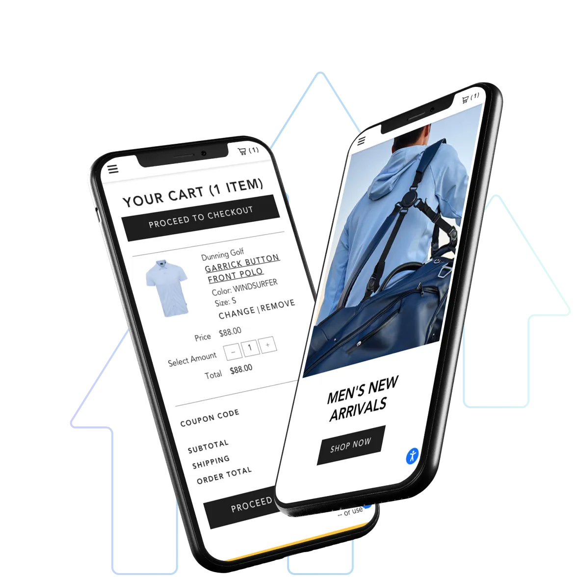  Two smartphones showing a mobile e-commerce experience, with one screen displaying a shopping cart and the other showcasing men's new arrivals in an online store.