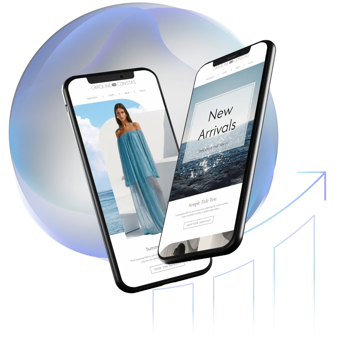 Two smartphones displaying an elegant fashion ecommerce website for Caroline Constas, featuring a "New Arrivals" banner and a product image of a woman in a blue dress. A rising bar chart icon and abstract blue sphere background symbolize growth and digital transformation.